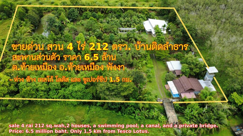ขายที่ดินสวนผลไม้  4 ไร่ 212 ตรว. พร้อมบ้าน 2 หลัง สระว่ายน้ำ ลำธาร สะพานเข้าบ้านส่วนตัว ราคา 6.5 ล้าน